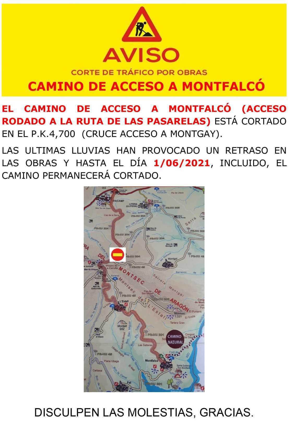 Cerrada la carretera de acceso a Montfalcó