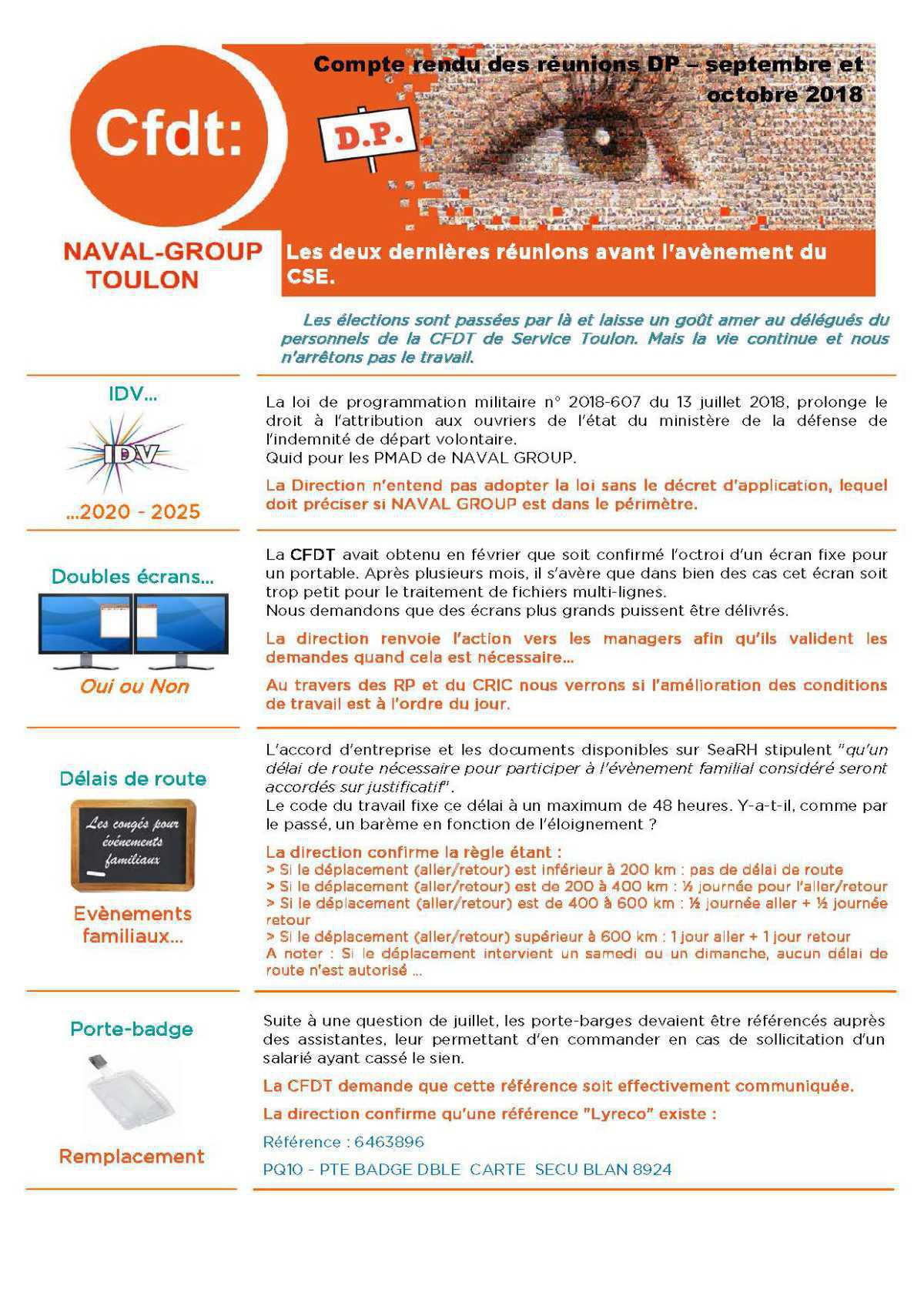 Compte rendu des réunions DP – septembre et octobre 2018
