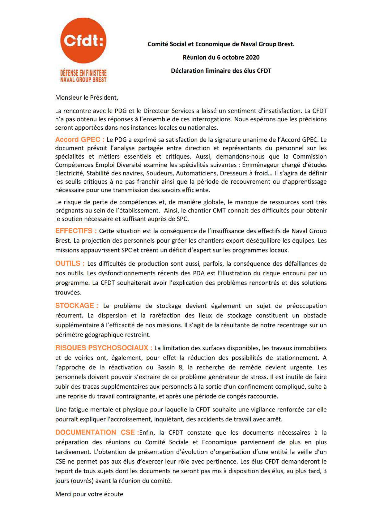 Déclaration Liminaire CSE Brest du 6 octobre 2020