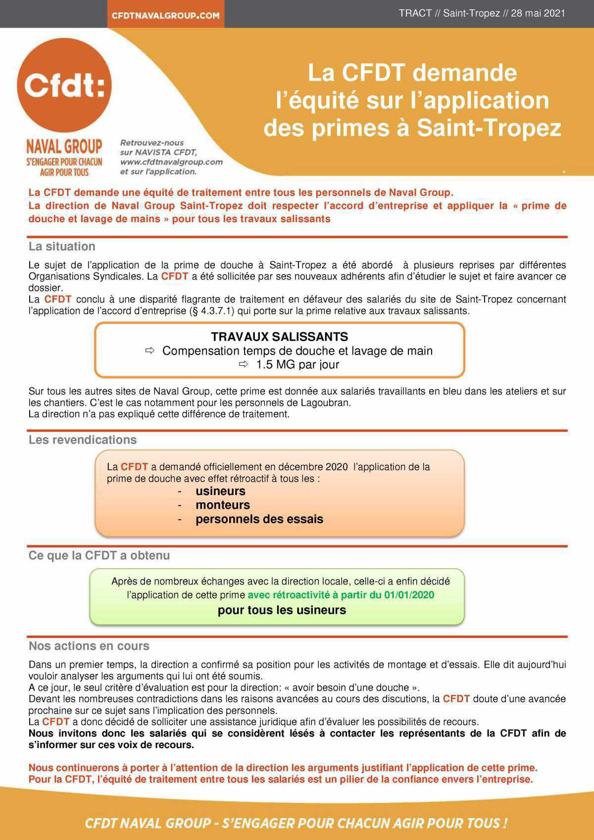 TRACT : La CFDT demande l’équité sur l’application des primes à Saint-Tropez