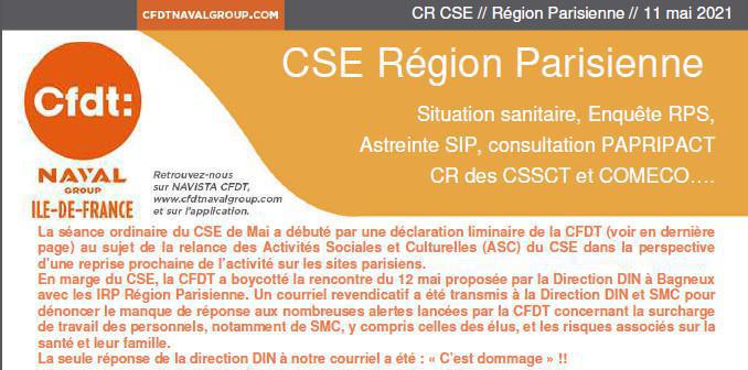 CR CFDT du CSE Région Parisienne du 11 mai 2021