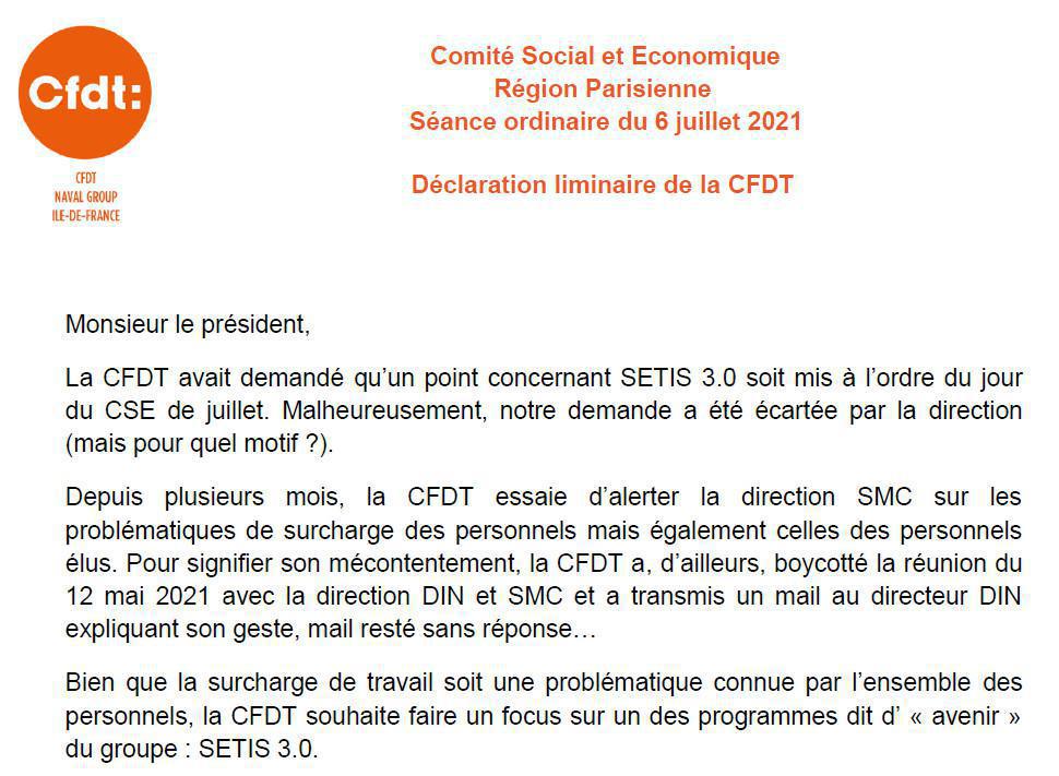 Déclaration liminaire de la CFDT au CSE RP de juillet 2021