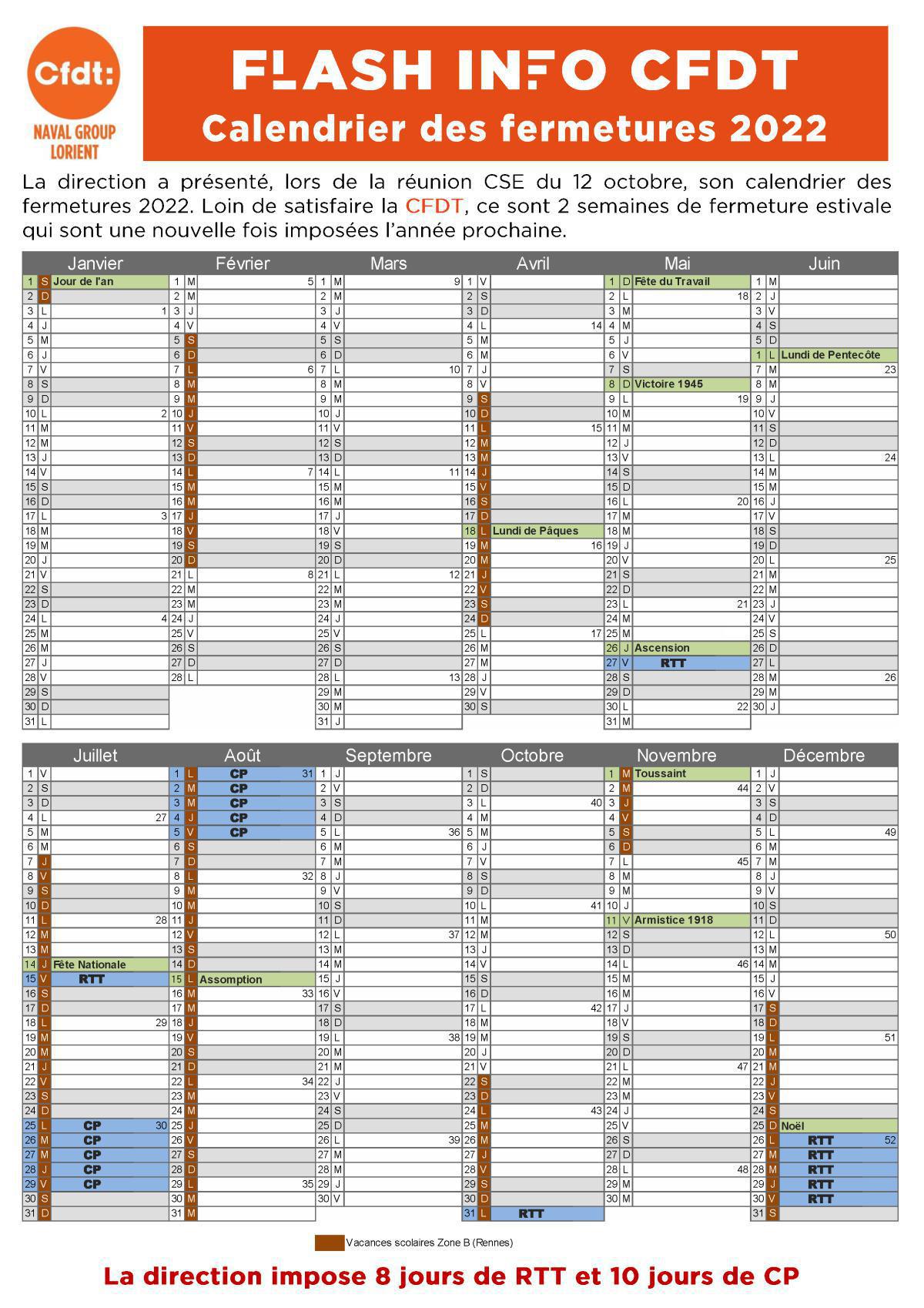 Calendrier des fermetures 2022