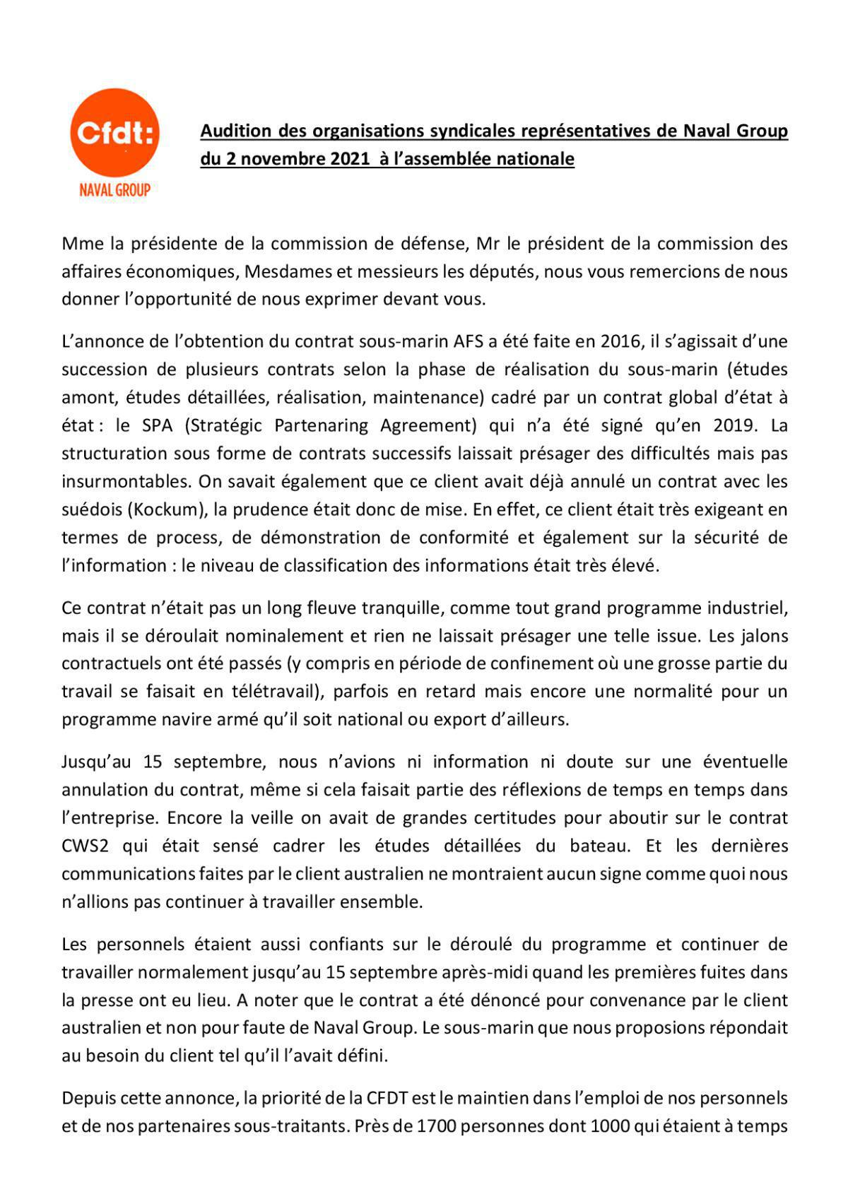 Audition des organisations syndicales représentatives de Naval Group par les commissions de défense et économique à l'assemblée nationale