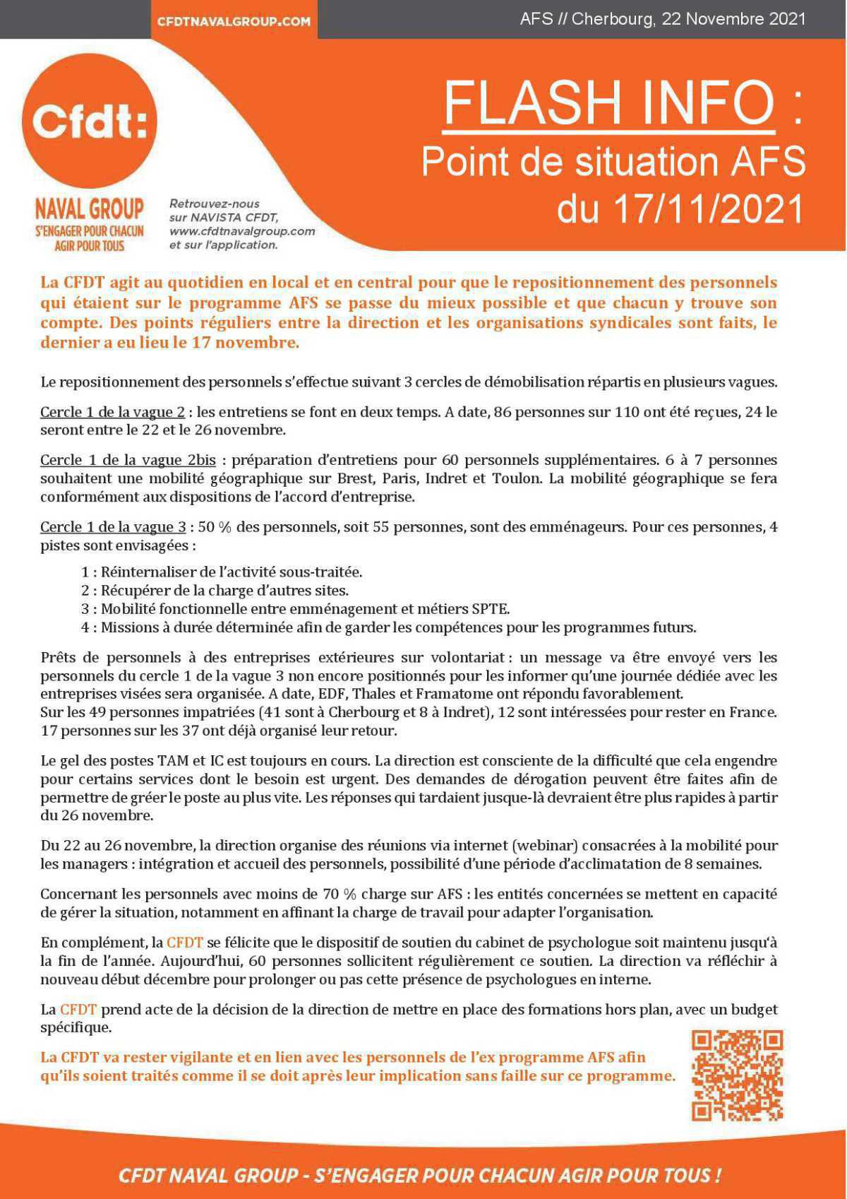 flash: point de situation sur la démobilisation des personnels du programme AFS