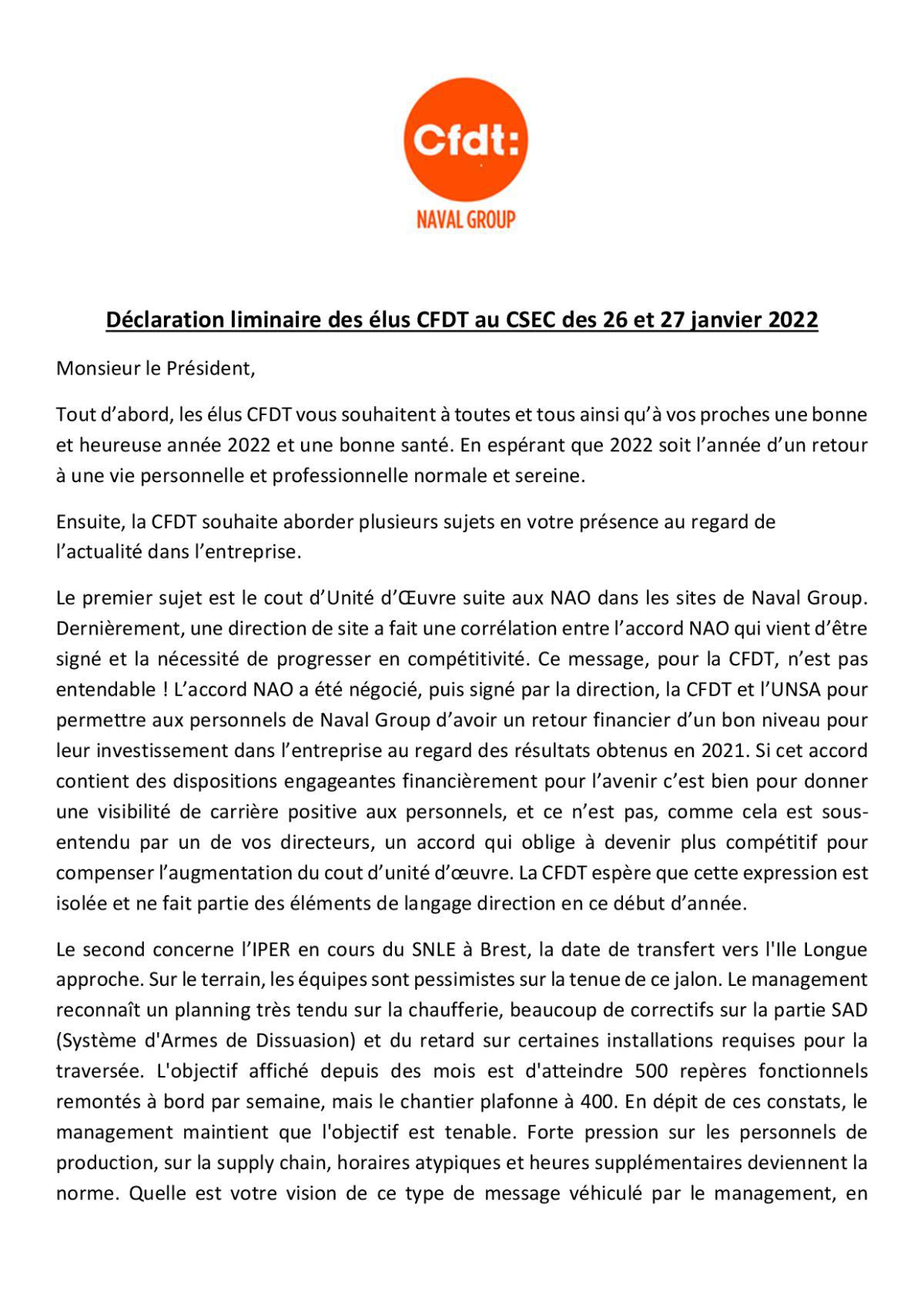 Déclaration liminaire CFDT au CSEC du 26 et 27 Janvier 2022