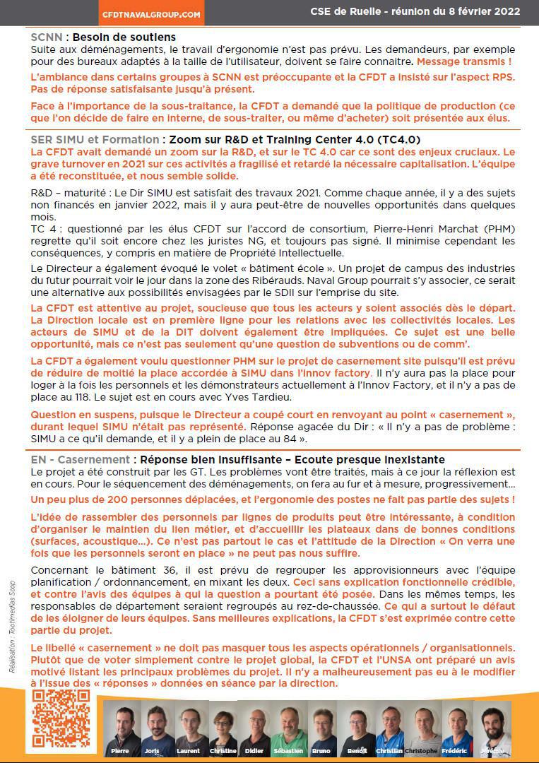 CR CSE de Ruelle de Février 2022 + Déclaration liminaire CFDT + Avis projet de casernement