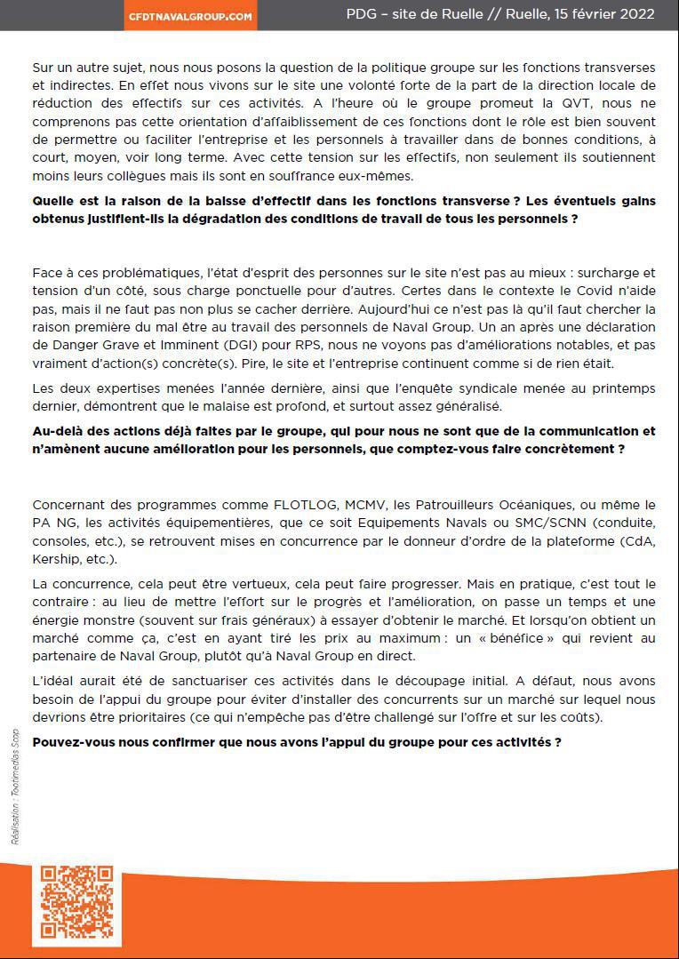 Déclaration CFDT au PDG de Naval Group - 15 Février 2022 à Ruelle