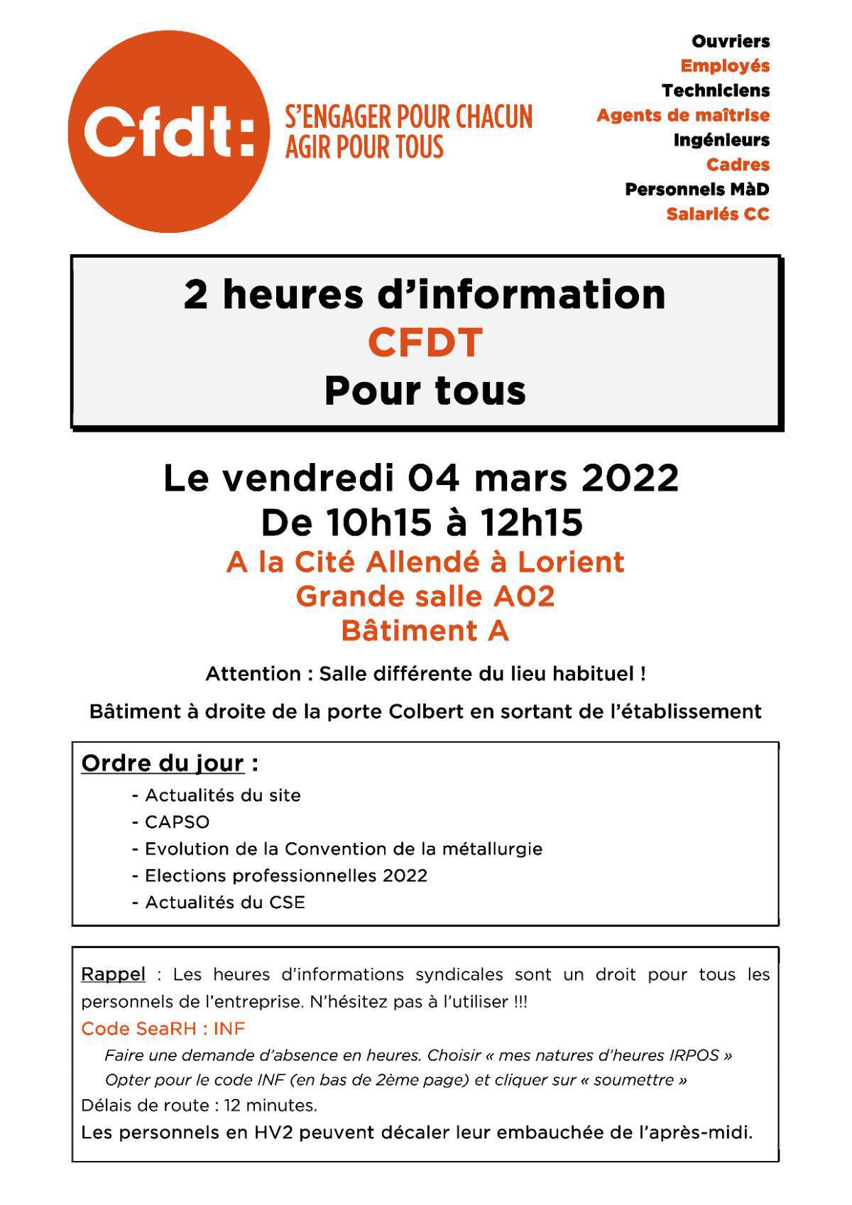 Information CFDT : vendredi 4 mars à 10h15