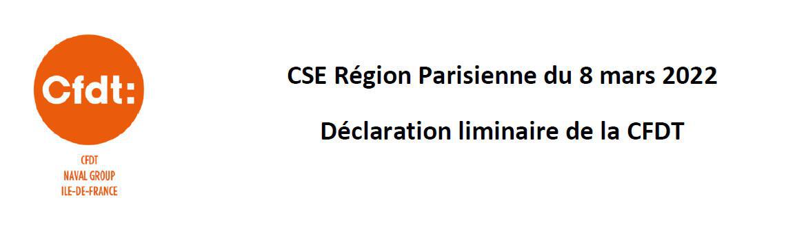 Déclaration liminaire de la CFDT au CSE Région Parisienne du 8 mars 2022