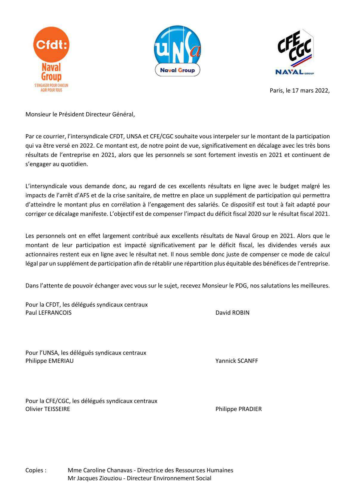 Participation - Courrier intersyndical CFDT UNSA CFE/CGC adressé au PDG