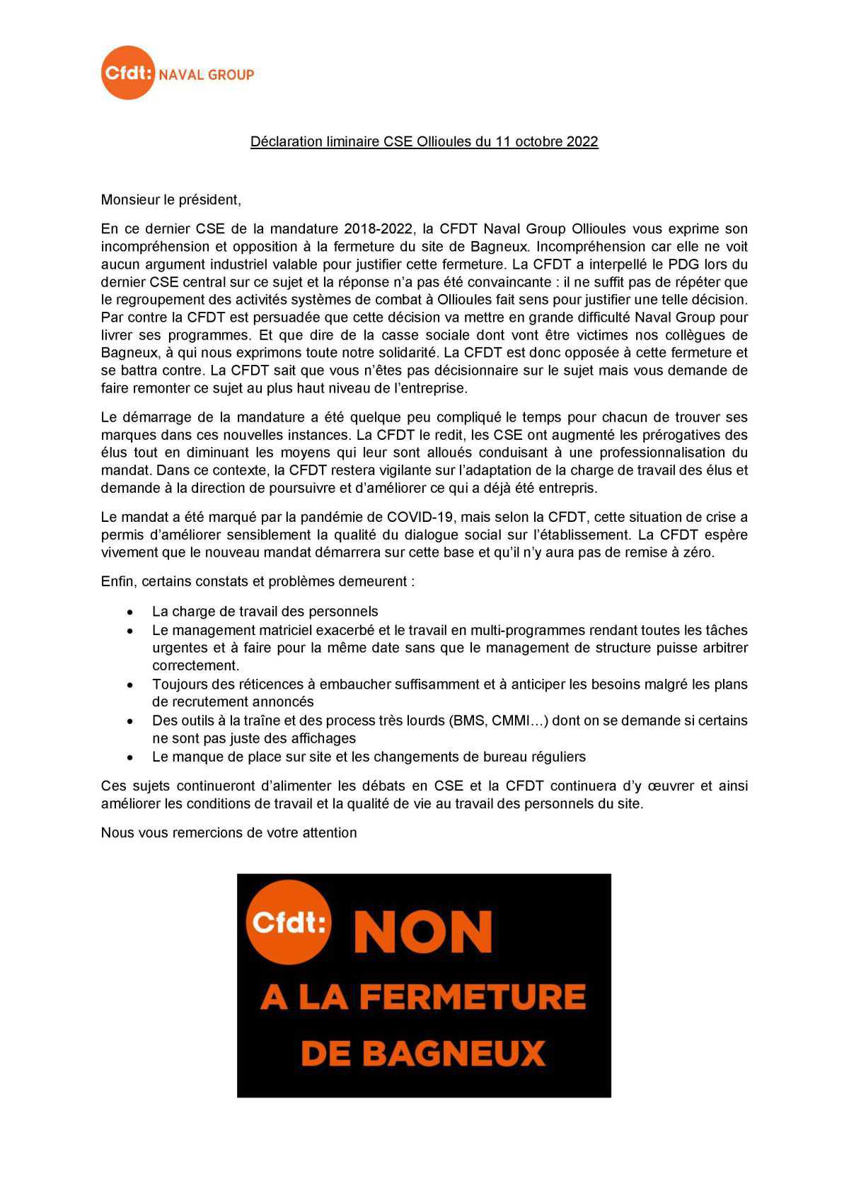 Déclaration liminaire CSE Ollioules du 11 octobre 2022