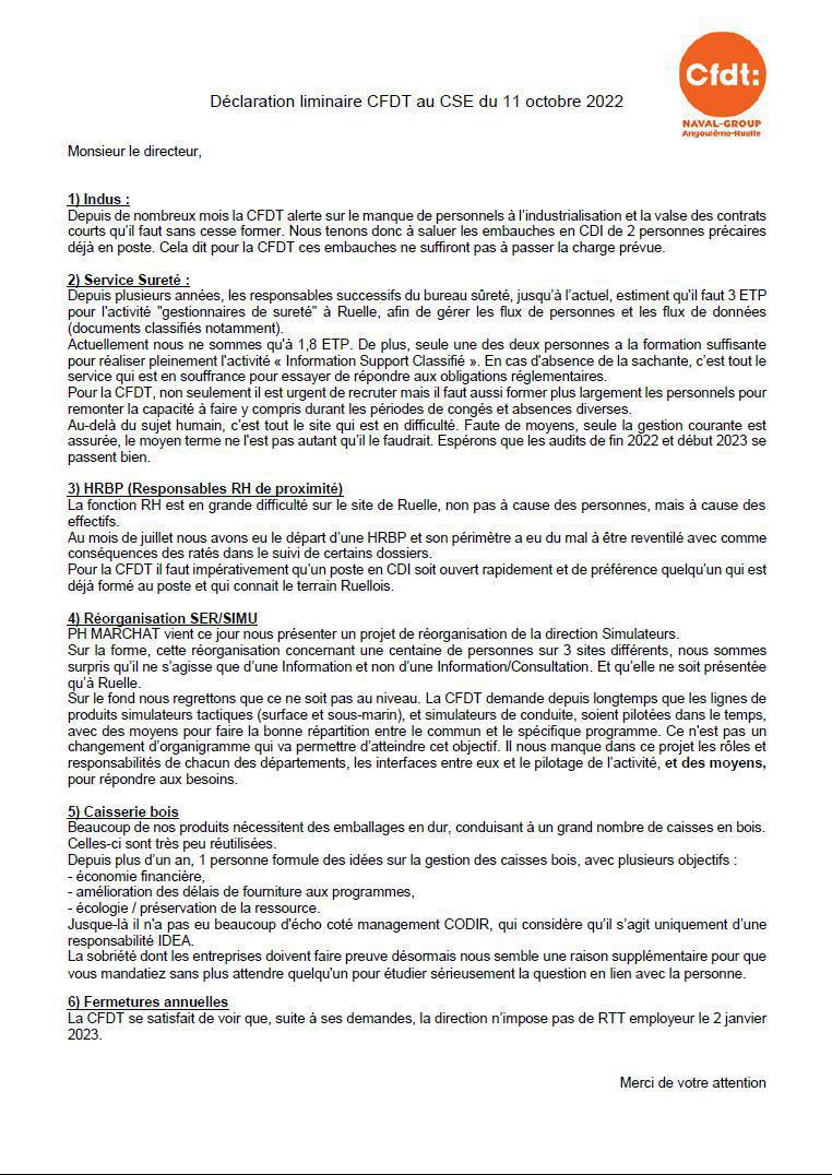 Déclaration liminaire CSE de Ruelle 11 octobre 2022