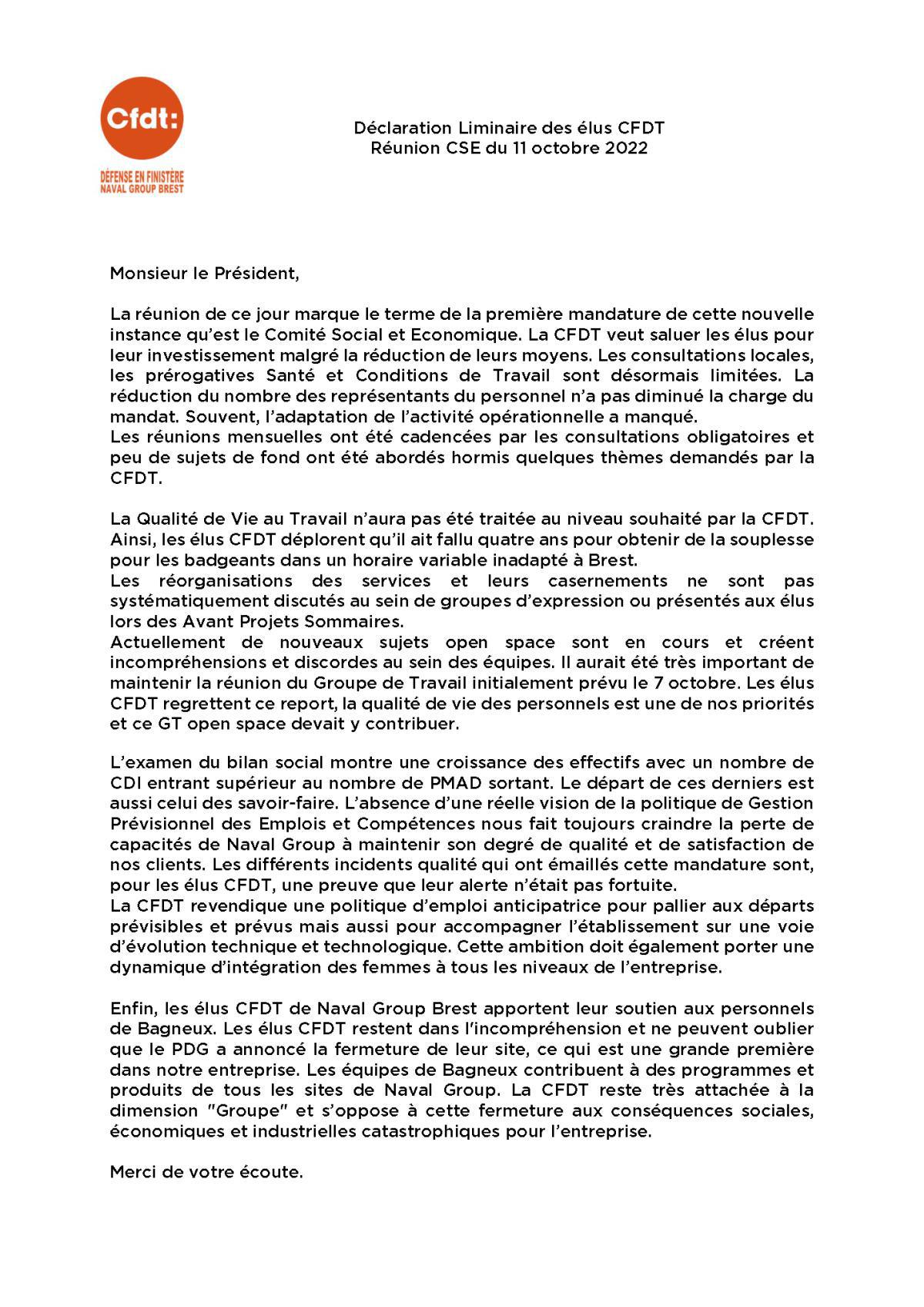 Déclaration liminaire au CSE de Brest du 11 octobre 2022