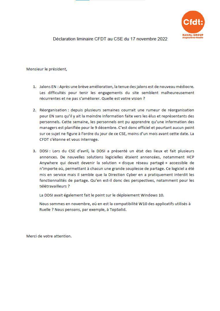Déclaration liminaire CSE de Ruelle 17 novembre 2022