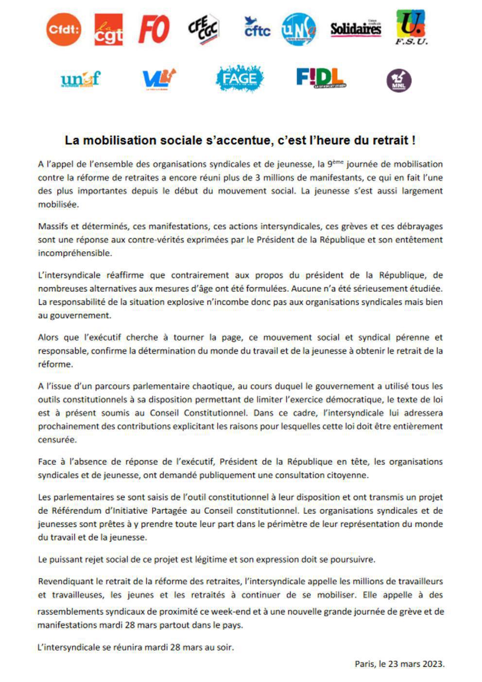 Communiqué intersyndical du 23 mars 2023