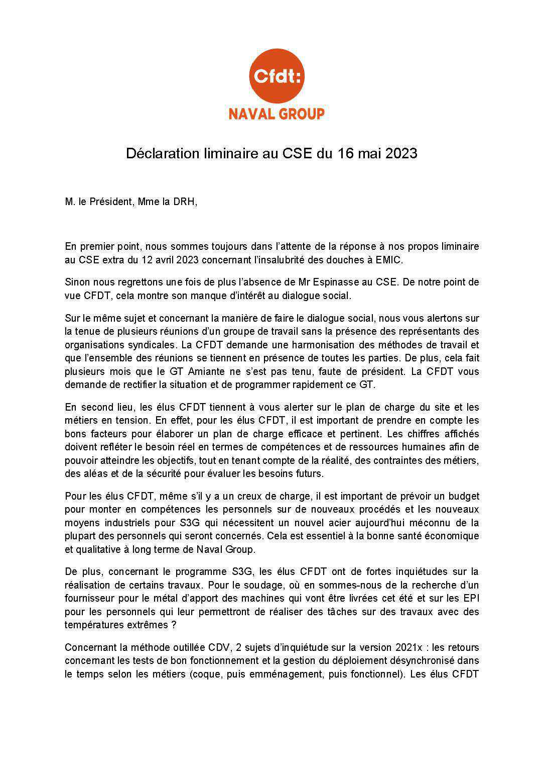 Déclaration Liminaire du CSE du 16 mai 2023