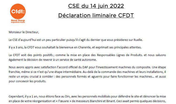 CSE de Ruelle du 14 Juin 2022 - déclaration liminaire