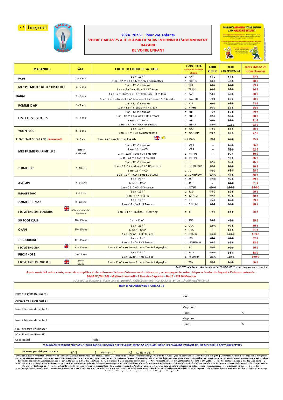  Abonnement magazine jeunesse Bayard Milan -Offre 2024-2025