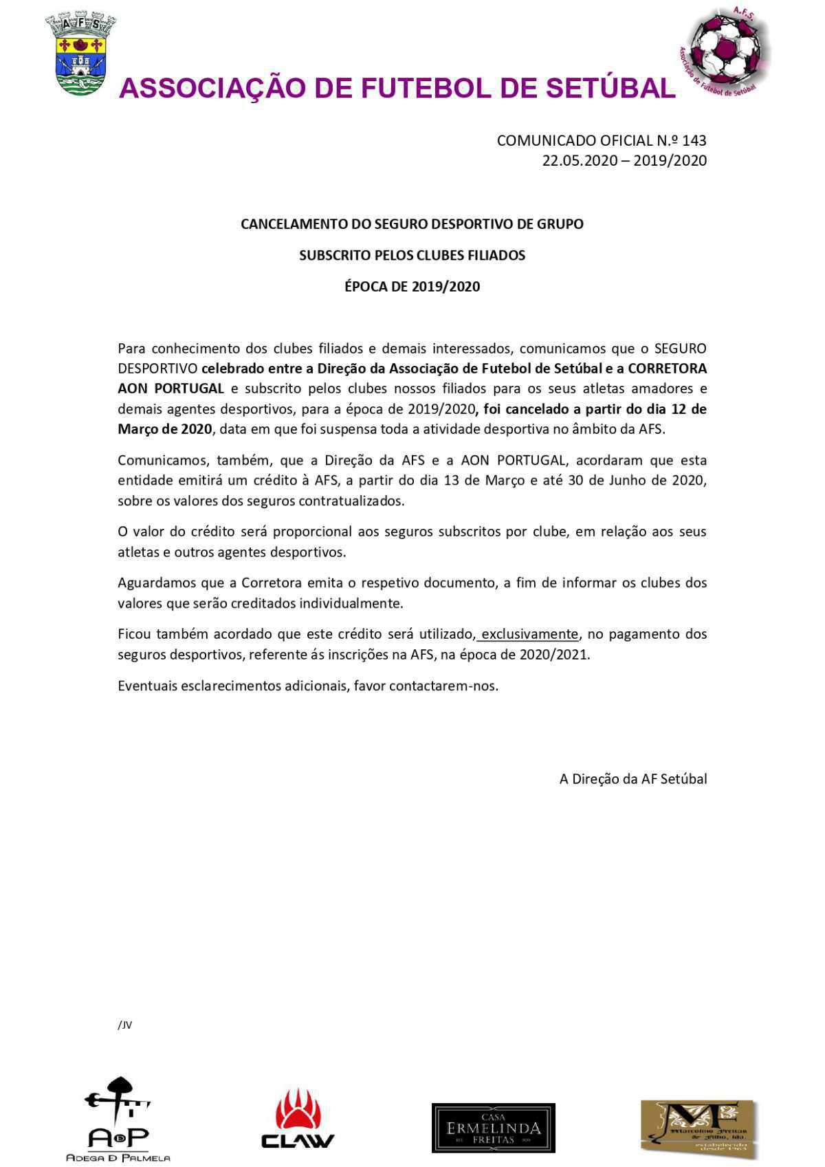 Cancelamento do seguro desportivo de grupo AFS/AON