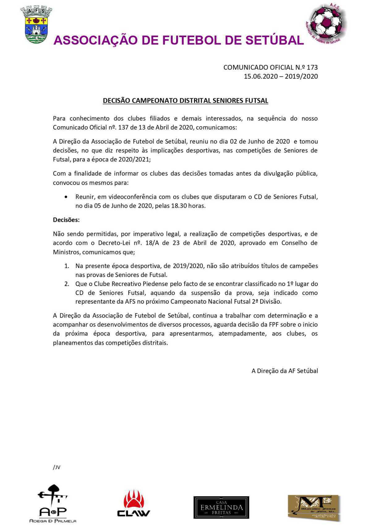 Decisões sobre o campeonato distrital da AF Setúbal de futsal sénior masculino 2019/20