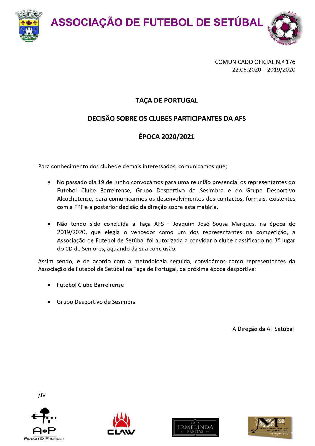 AF Setúbal indica os clubes participantes na Taça de Portugal 2020/21