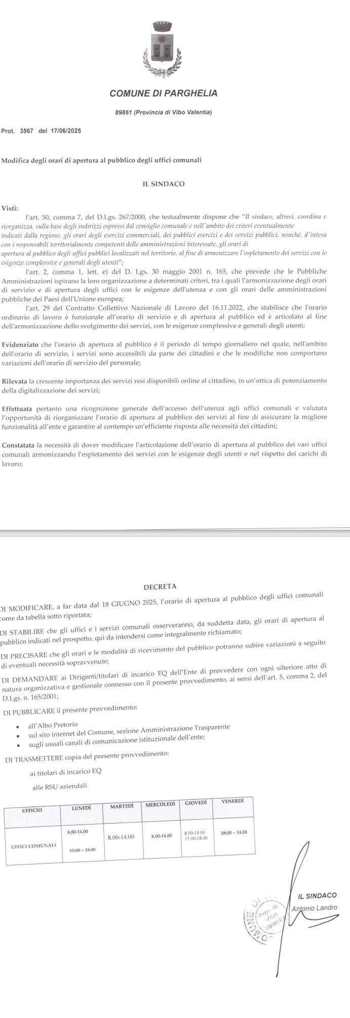 Cambio orario uffici comunali