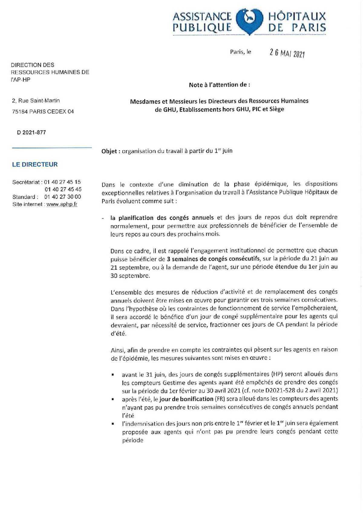 Organisation du travail à compter du 1er juin à l'APHP Organisation du travail à compter du 1er juin à l'APHP