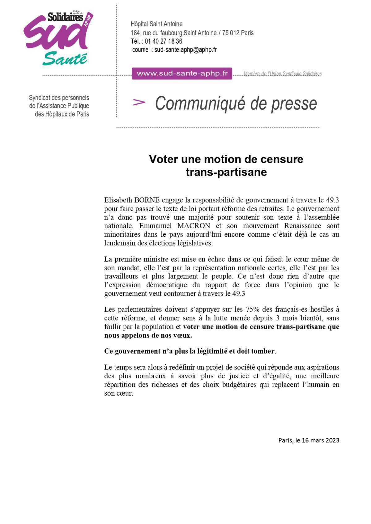 Voter une motion de censure trans-partisane Voter une motion de censure trans-partisane