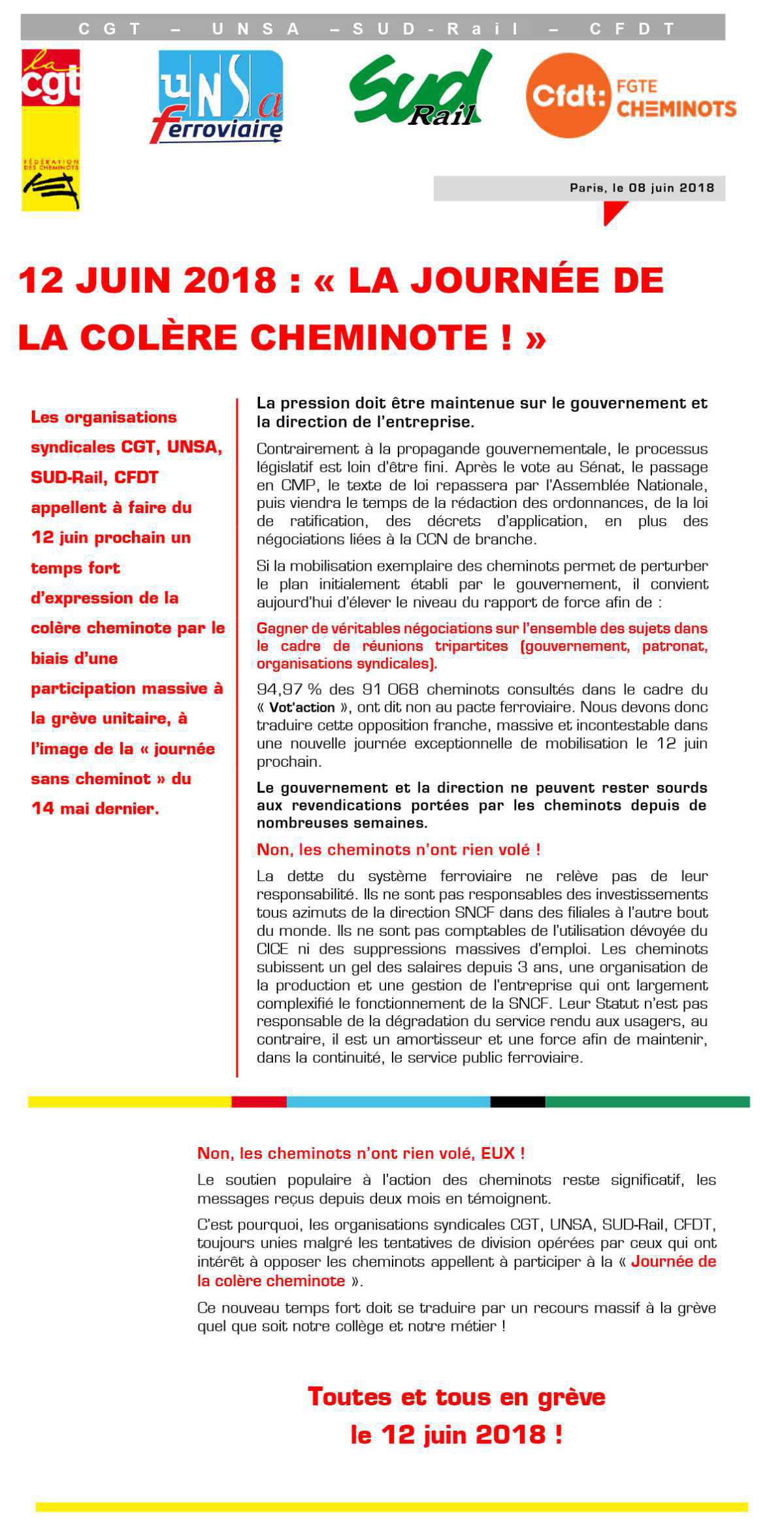 12 JUIN 2018 : « LA JOURNÉE DE LA COLÈRE CHEMINOTE ! »