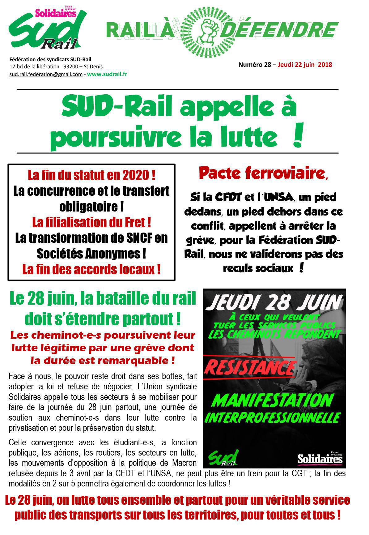RAIL À DÉFENDRE N°28 - SUD-RAIL APPELLE À POURSUIVRE LA LUTTE !