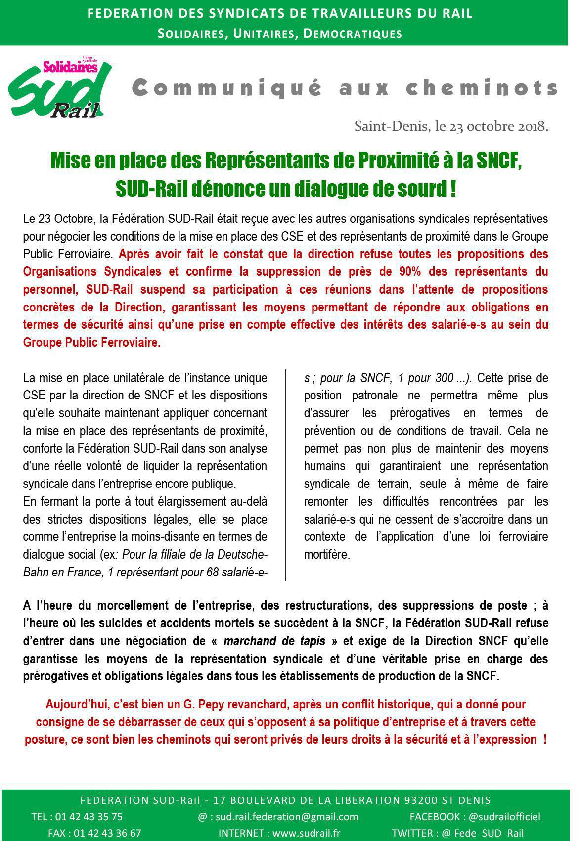 Mise en place des Représentants de Proximité à la SNCF, SUD-Rail dénonce un dialogue de sourd !
