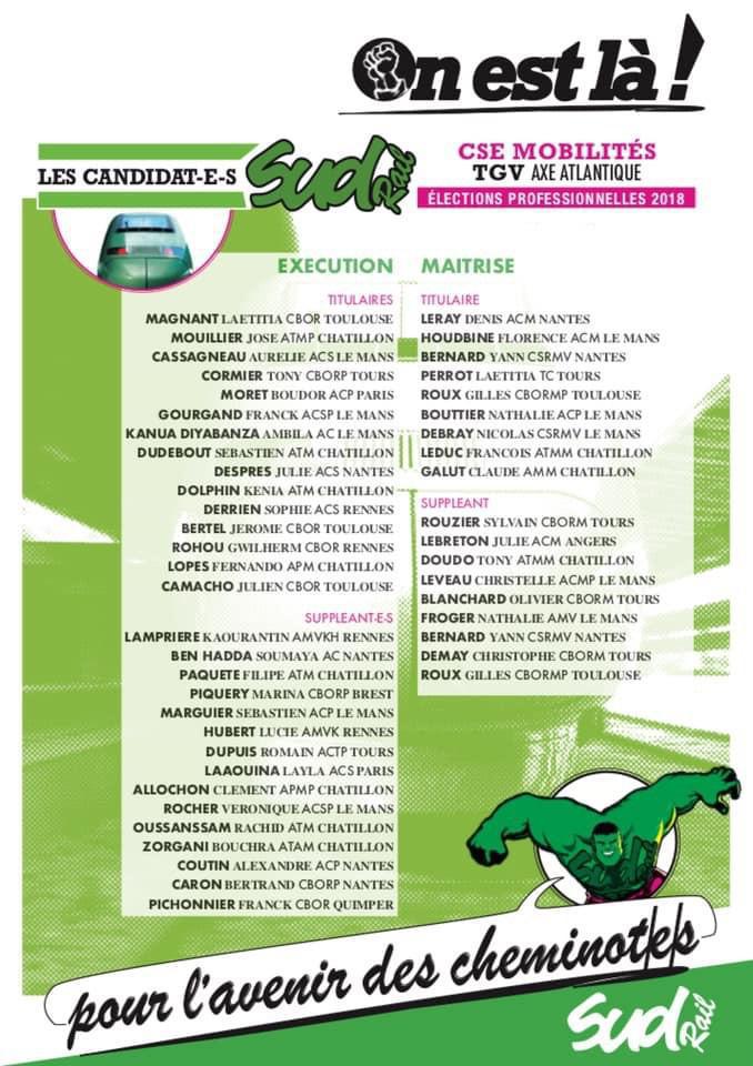 Listes des candidat(es) SUD Rail pour le CSE TGV Atlantique