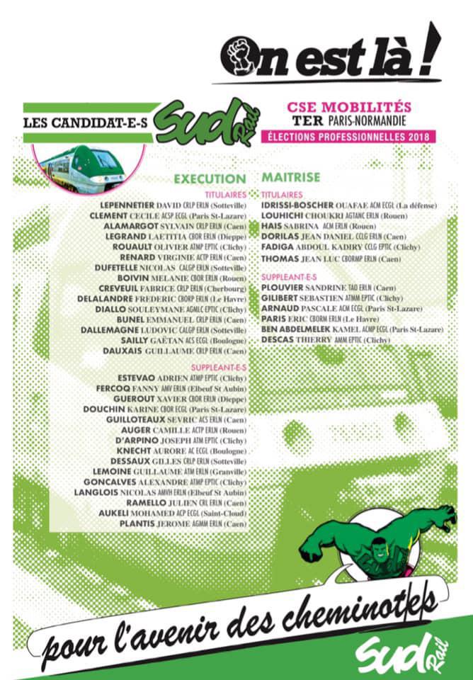 Listes des candidat(es) SUD Rail pour le CSE TER Paris Normandie