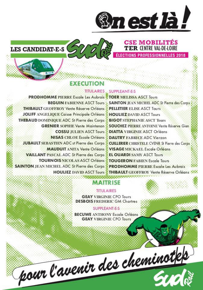 Listes des candidat(es) SUD Rail sur le CSE TER Centre Val de Loire