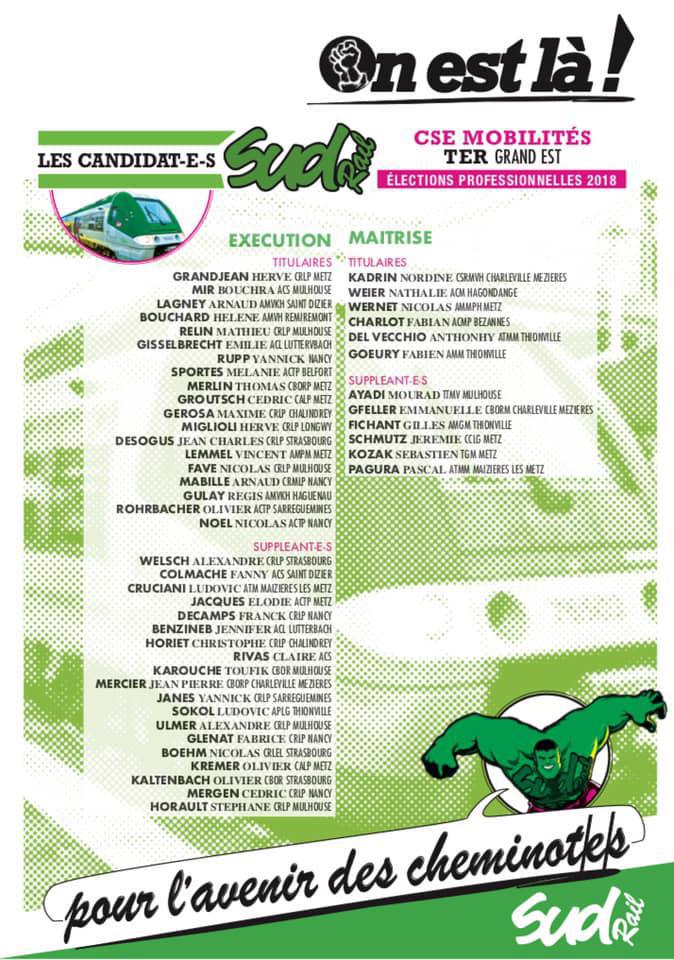 Listes des candidat(es) SUD Rail pour le CSE TER Grand Est