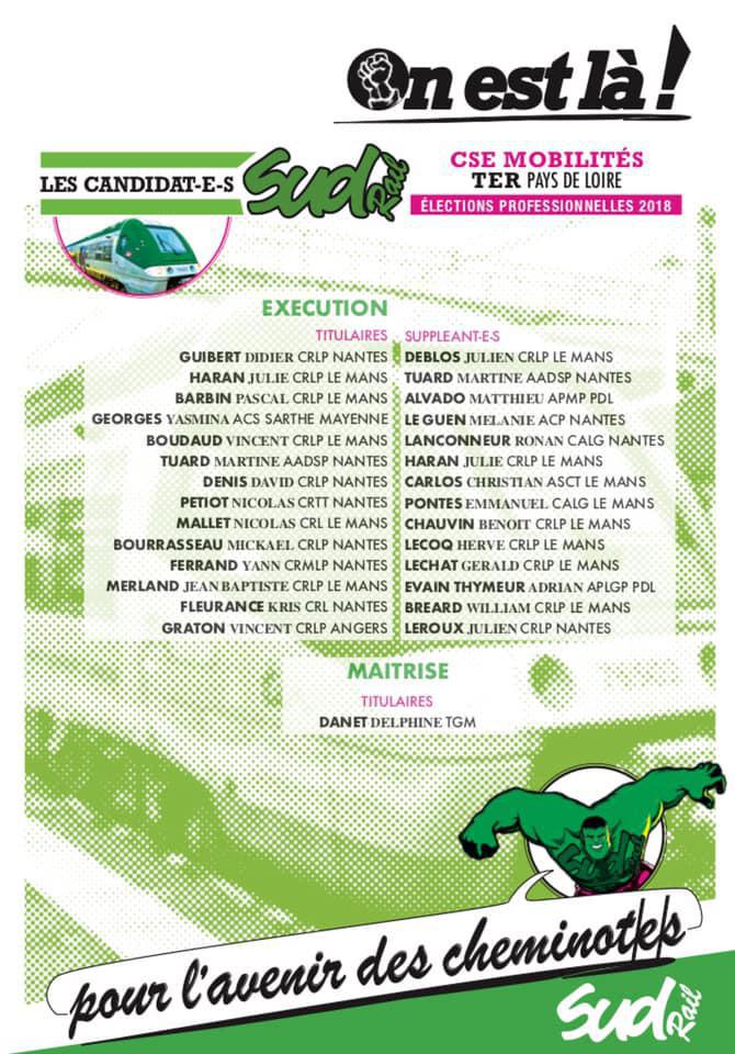Listes des candidat(es) SUD Rail pour le CSE TER Pays de Loire