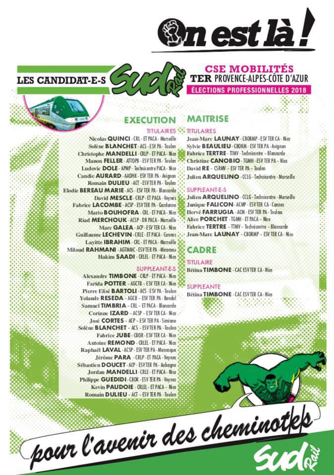 Listes des candidat(es) SUD Rail pour le CSE TER PACA
