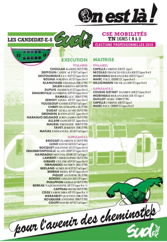Listes des candidat(es) SUD Rail pour le CSE Transilien Lignes C N & U