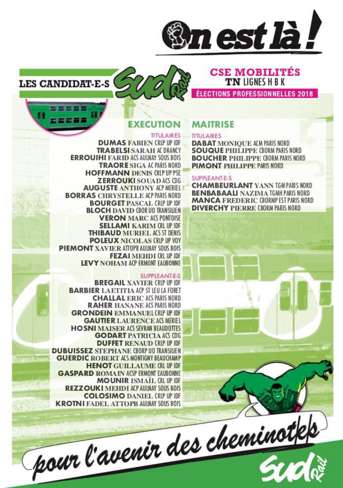 Listes des candidat(es) SUD Rail pour le CSE Transilien Lignes H B K