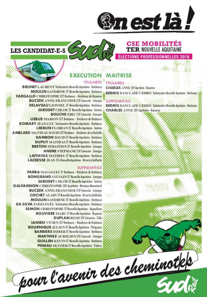 Listes des candidat(es) SUD Rail pour le CSE TER Nouvelle Aquitaine