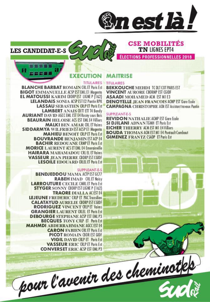 Listes des candidat(es) SUD Rail pour le CSE Transilien Lignes E P T 4