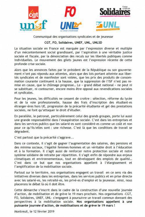 Appel intersyndical à une journée d’action, de mobilisations et de grève le 19 mars