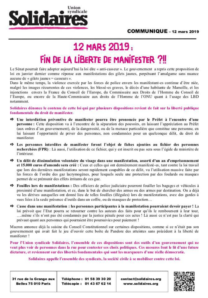12 Mars 2019 : Fin de la liberté de manifester ?!!