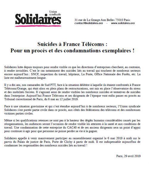 Suicides à France Télécoms : Pour un procès et des condamnations exemplaires Suicides à France Télécoms : Pour un procès et des condamnations exemplaires