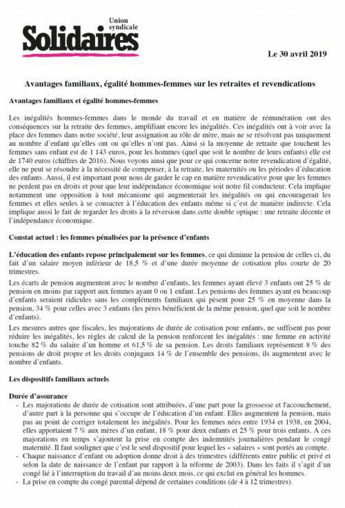 Avantages familiaux, égalité hommes-femmes sur les retraites et revendications