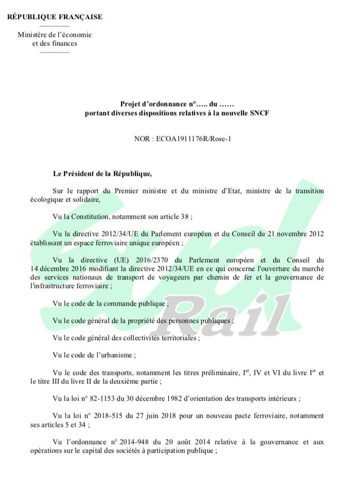 Projet d’ordonnance « confidentiel » portant diverses dispositions relatives à la nouvelle SNCF Projet d’ordonnance « confidentiel » portant diverses dispositions relatives à la nouvelle SNCF