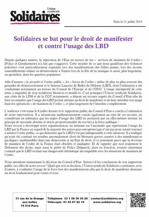Solidaires se bat pour le droit de manifester et contre l’usage des LBD Solidaires se bat pour le droit de manifester et contre l’usage des LBD
