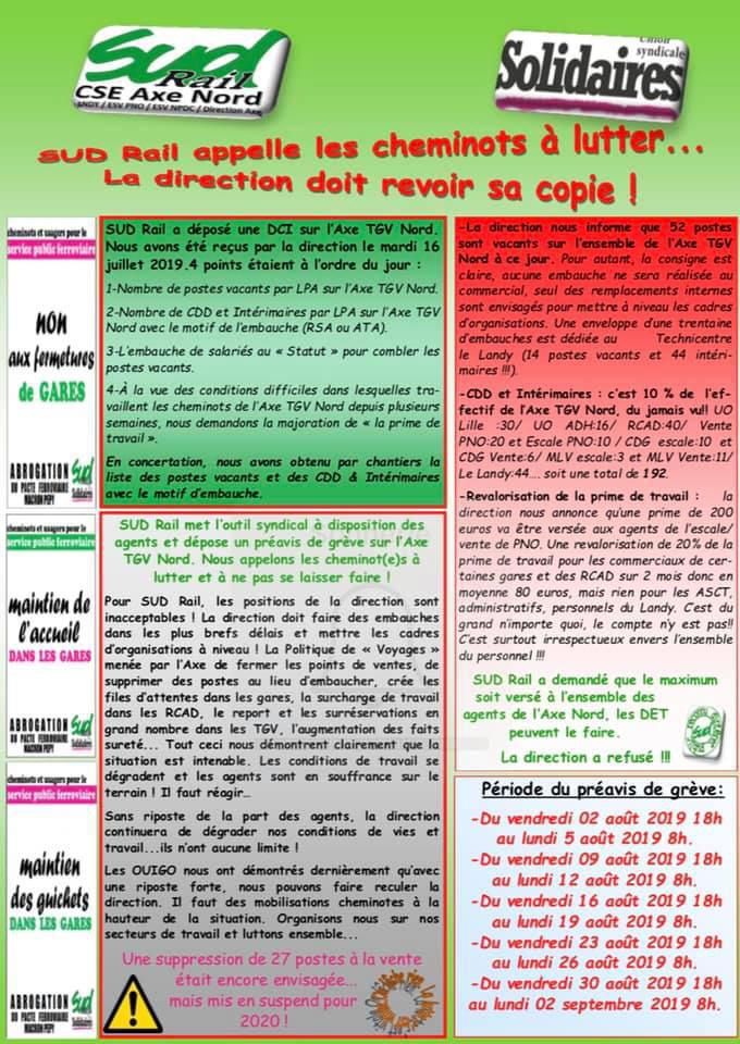 Préavis de grève CSE TGV Axe Nord : SUD Rail appelle les cheminots à lutter !