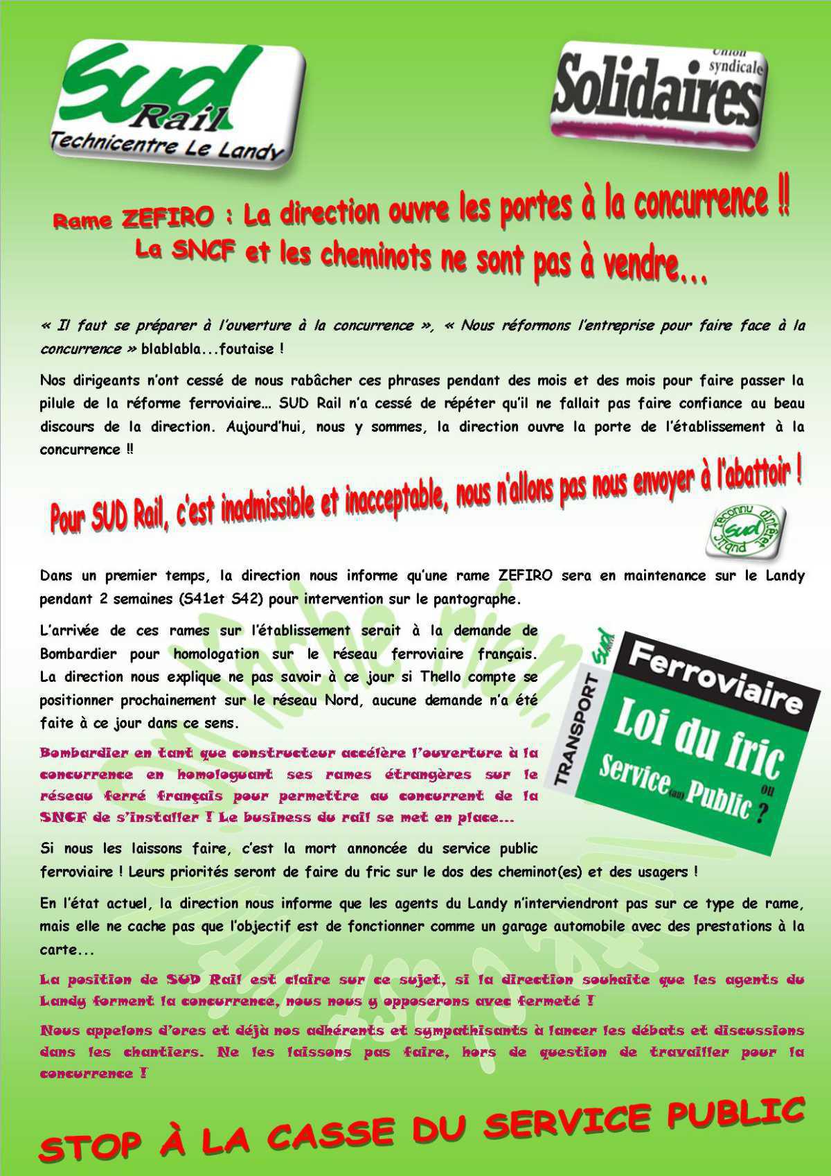 RAME Zefiro : La direction ouvre les portes à la concurrence !!